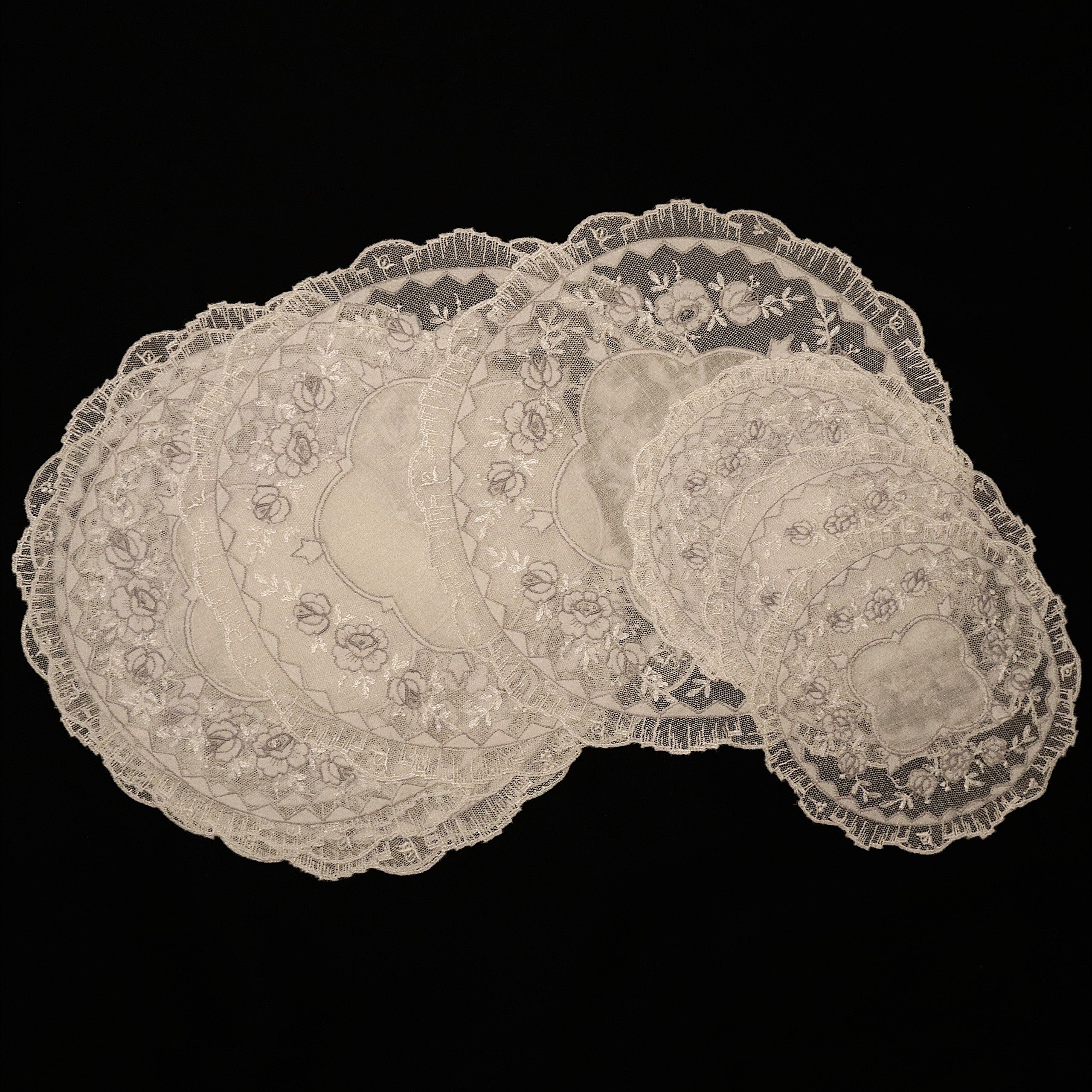 Set of 12 Embroidered Round Antique Linen Mats