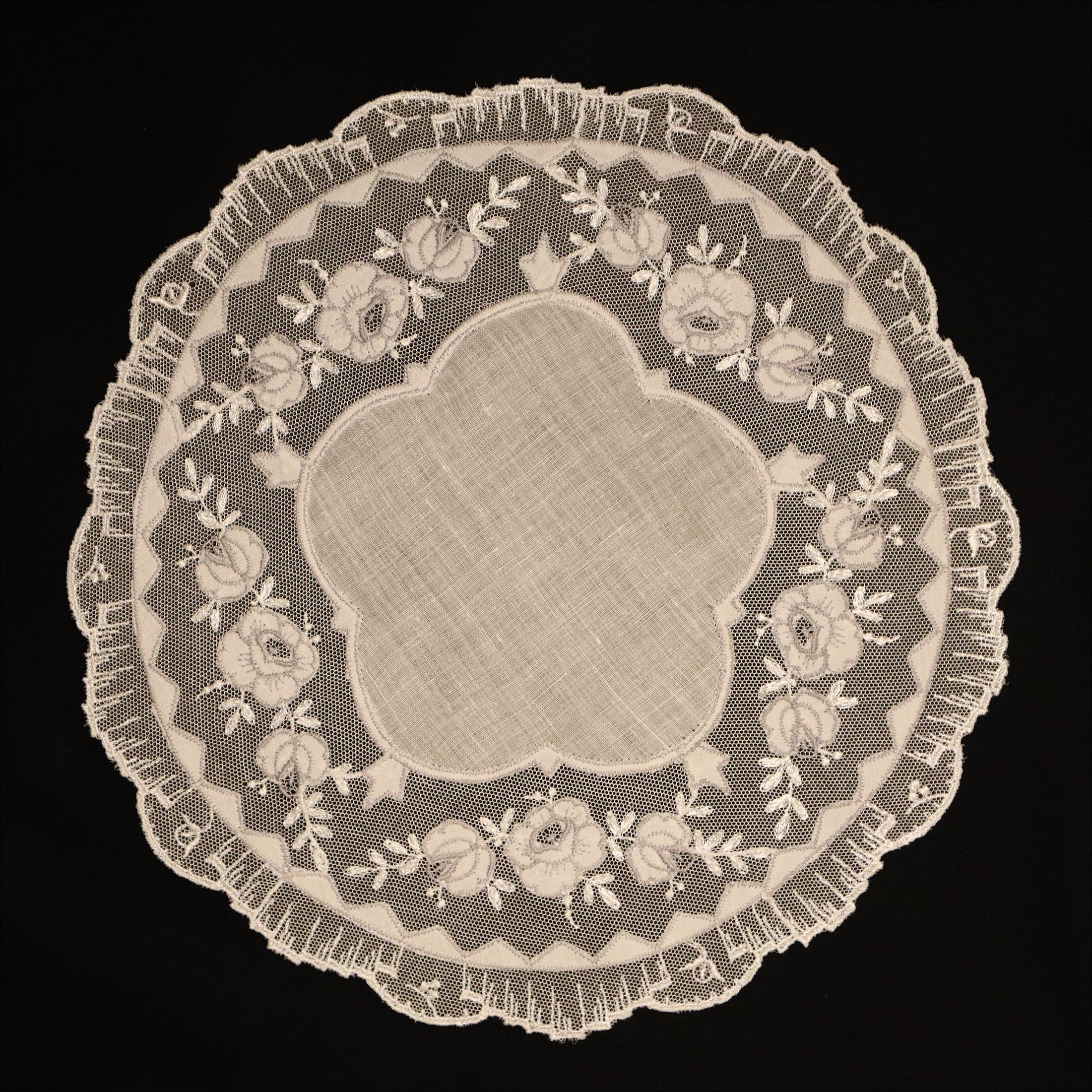Set of 12 Embroidered Round Antique Linen Mats