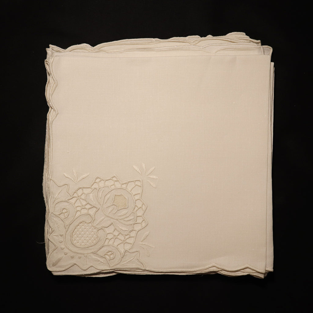 Set of 12 Hand Embroidered Antique Linen Diner Napkins