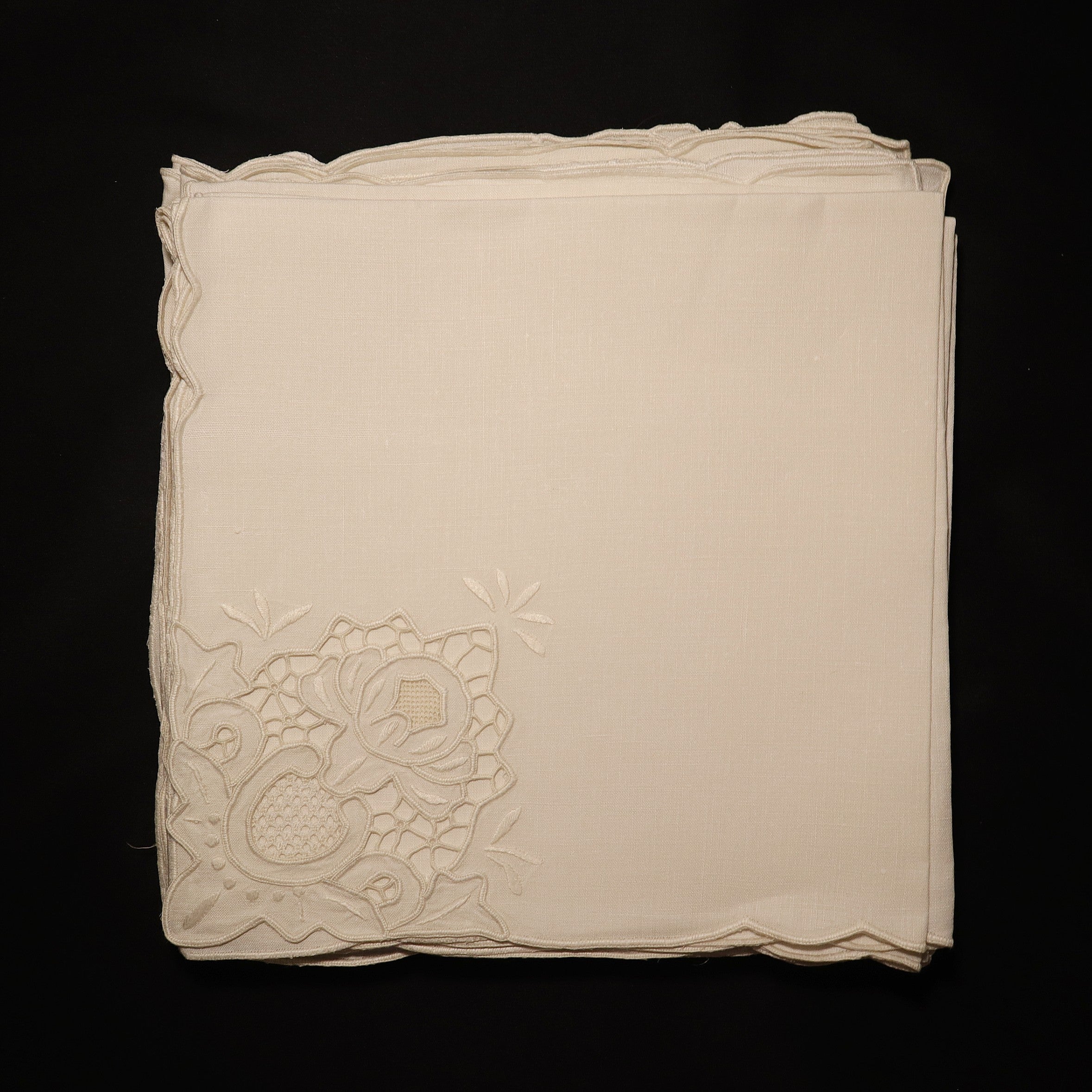 Set of 12 Hand Embroidered Antique Linen Diner Napkins