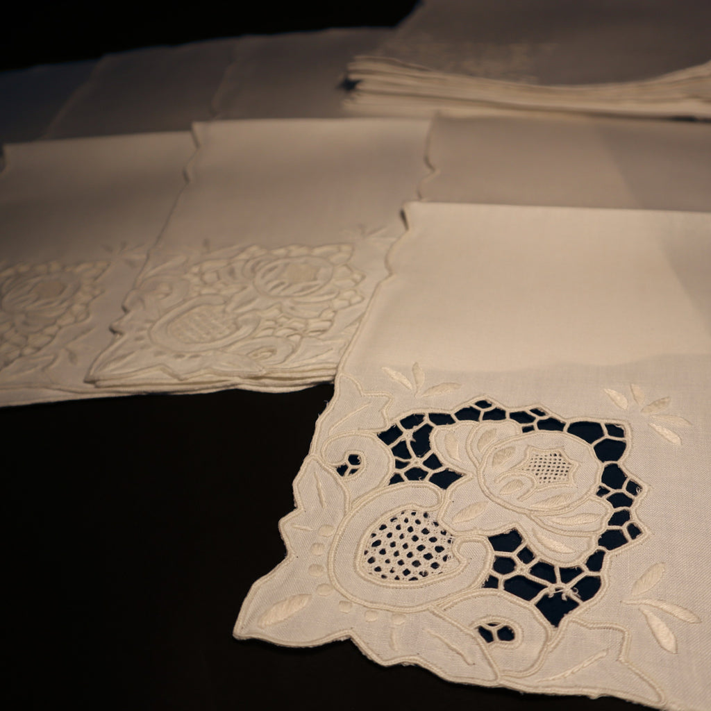 Set of 12 Hand Embroidered Antique Linen Diner Napkins