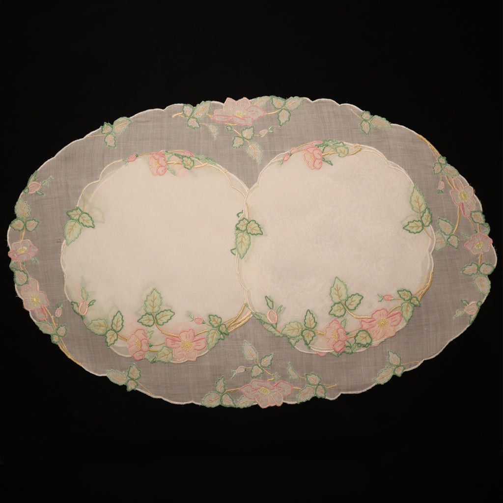 Set of 6 Hand Embroidered Antique Lace on Round Mats