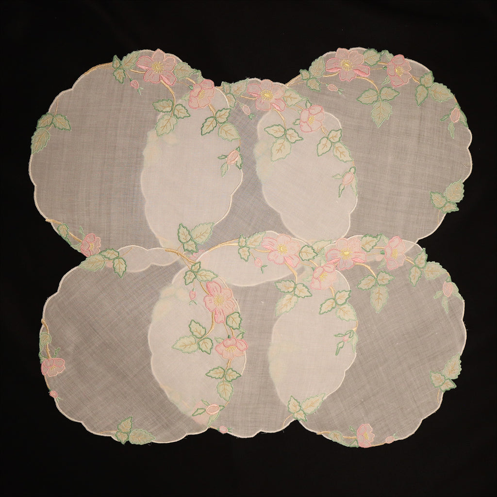 Set of 6 Hand Embroidered Antique Lace on Round Mats