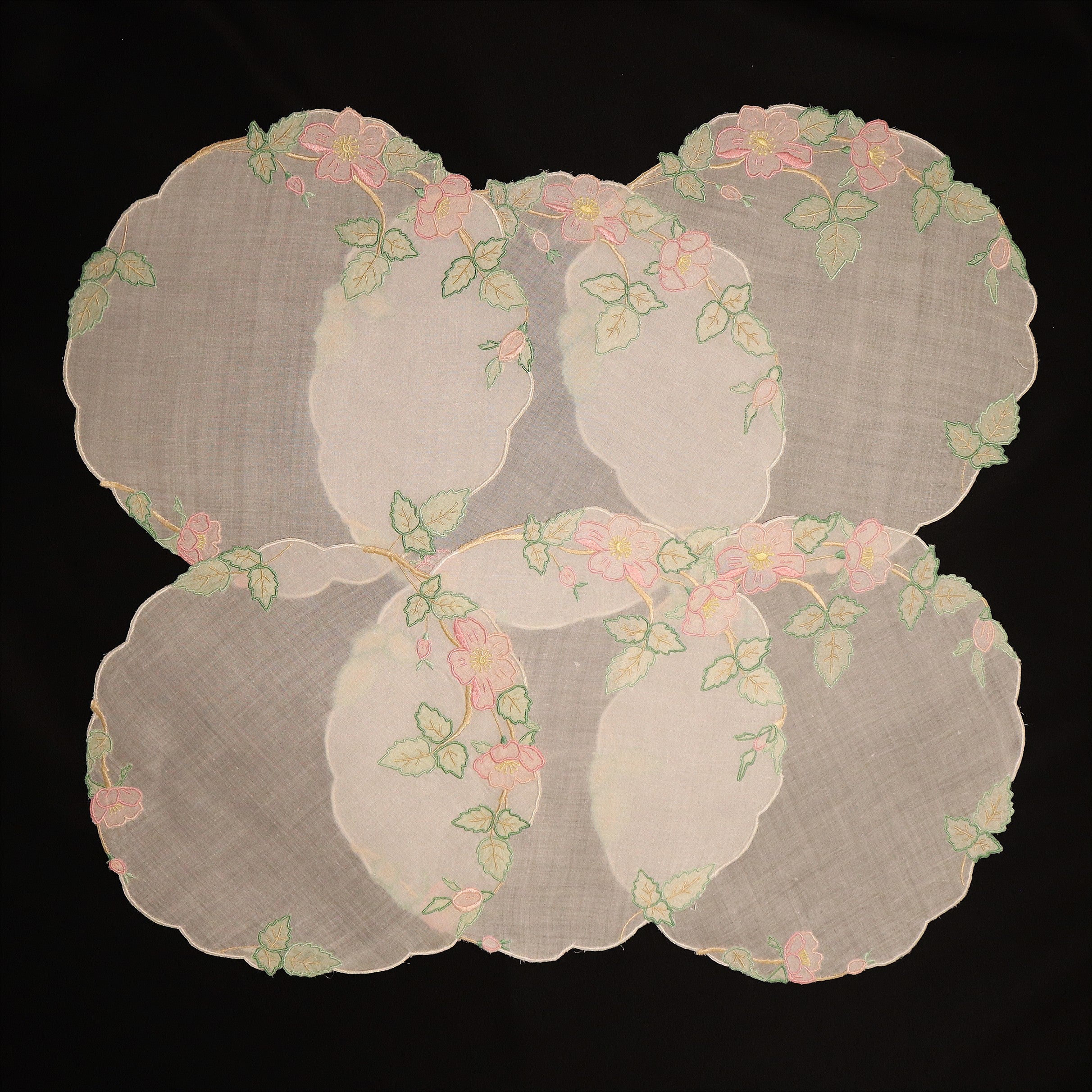 Set of 6 Hand Embroidered Antique Lace on Round Mats